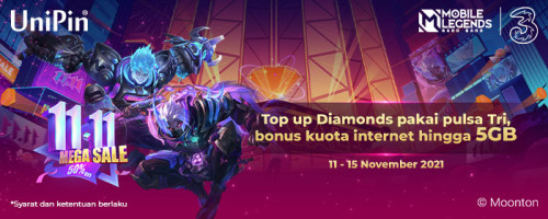 Top Up Diamonds Pakai Pulsa Tri, Bonus Kuota Internet Hingga 5GB!